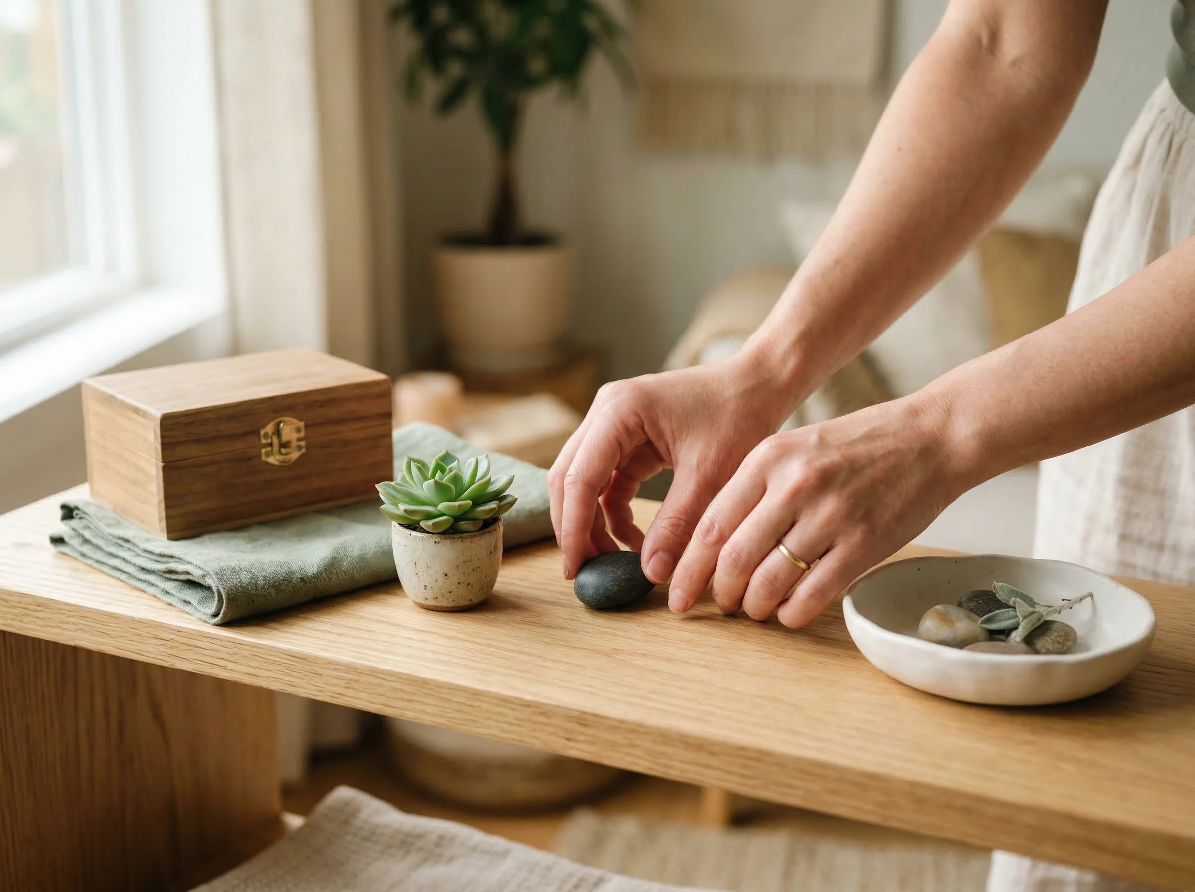 Hands mindfully arranging items on a natural wood shelf with intention and care
