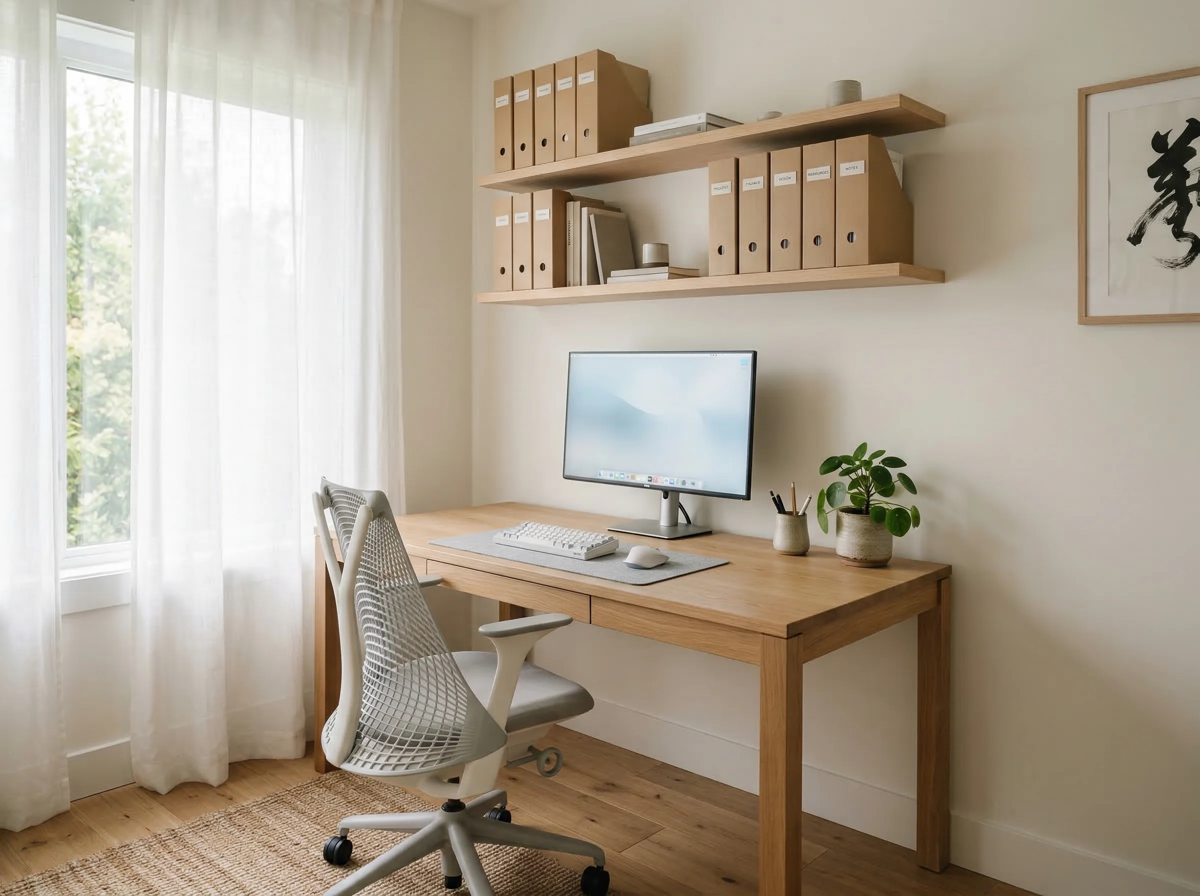 Minimal organized home office with clean desk and systematic file storage