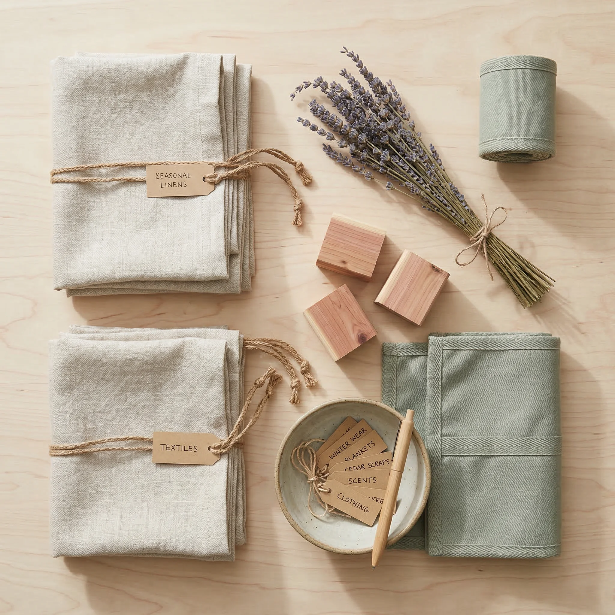 Seasonal organization supplies arranged on a light wooden surface