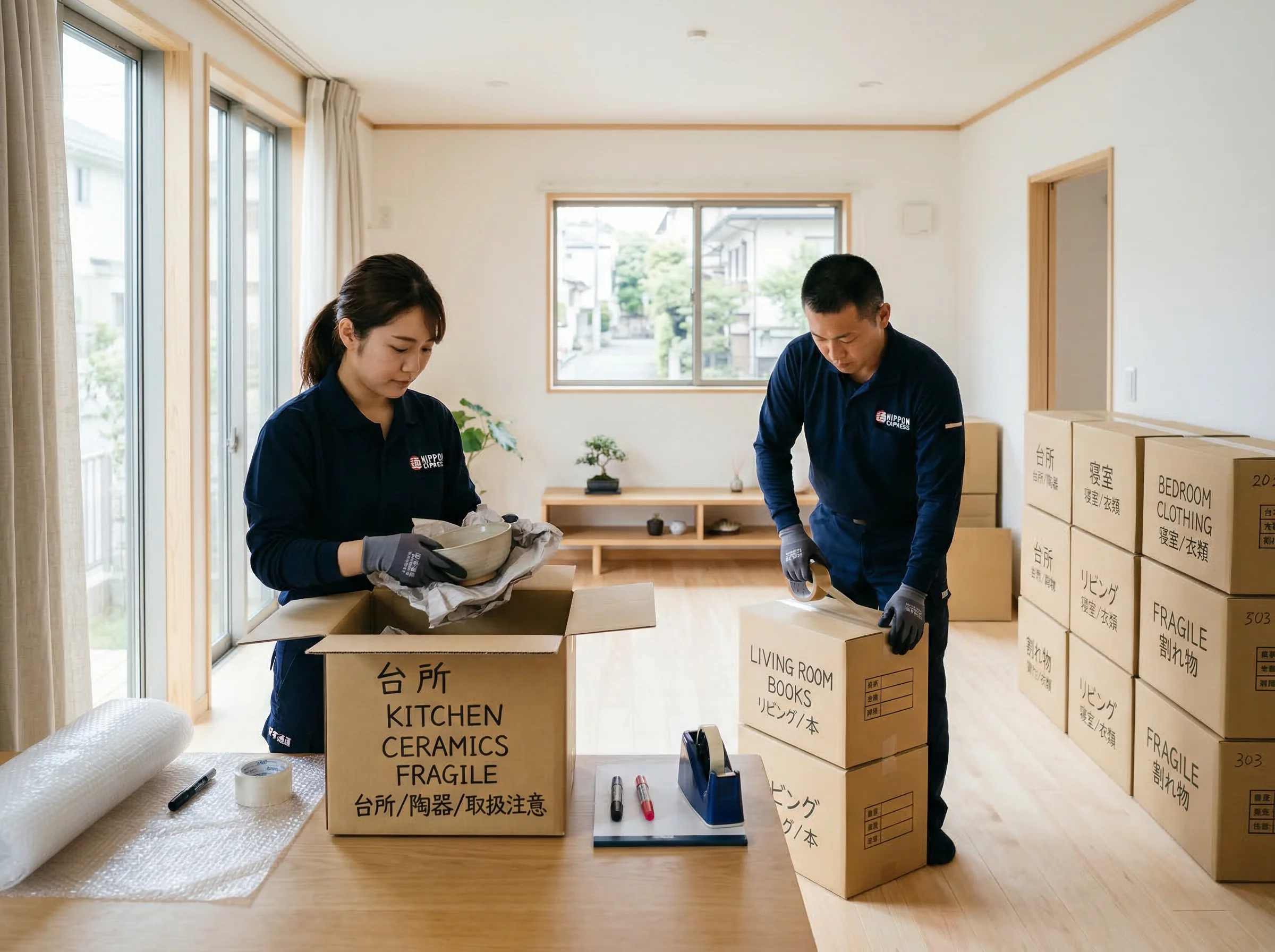 Professional movers carefully packing labeled boxes in a Japanese apartment